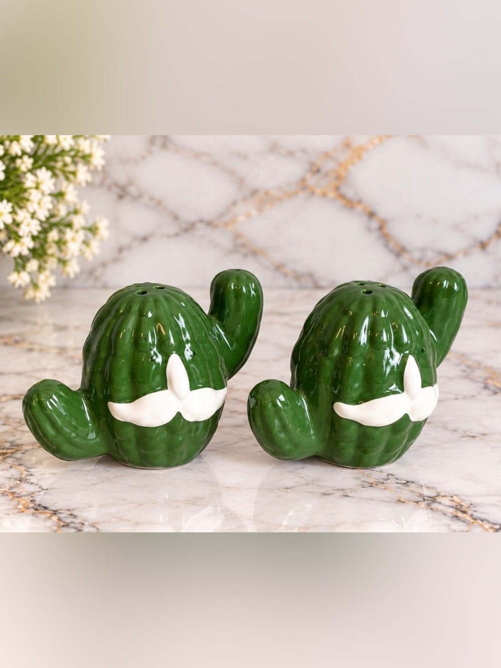 Ceramic Anthropomorphic Green Cactus Salt & Pepper Shakers
